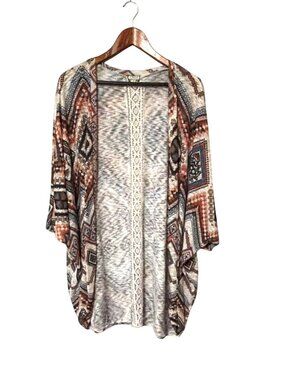 Eye Shadow 3X Multicolor Boho Kimono Open Front Cardigan With Crochet Lace